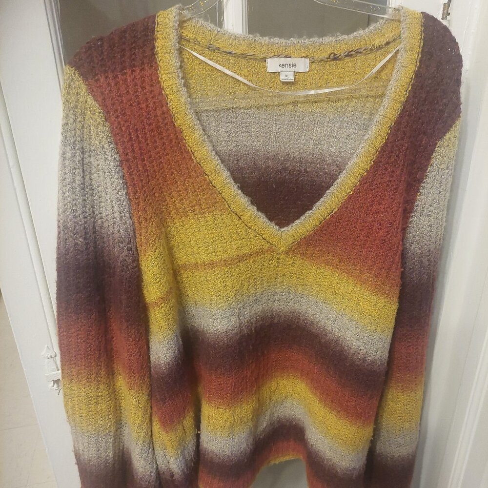 Kensie Ombre Stripe V-Neck Sweater Red Yellow White XL GUC